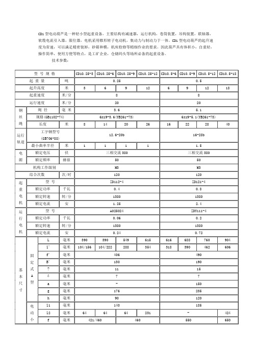 电葫芦技术参数