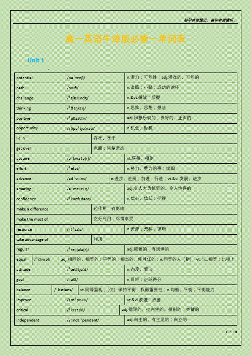 高一英语牛津版必修一单词表