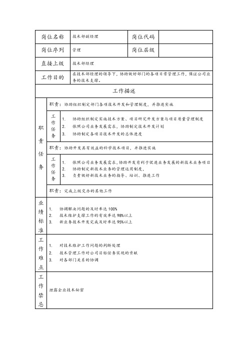 技术部副经理--营销业务类岗位职责说明书