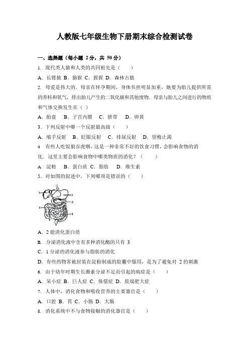 人教版七年级生物下册期末综合检测试卷测试题及答案