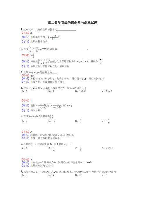 高二数学直线的倾斜角与斜率试题
