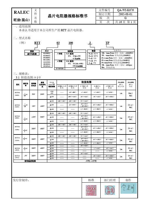 旺诠晶片电阻器规格标准书