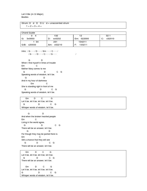 英语经典歌曲吉他谱和弦谱扫弦节奏歌词对照披头士Beatles-LetitBeinGmajor