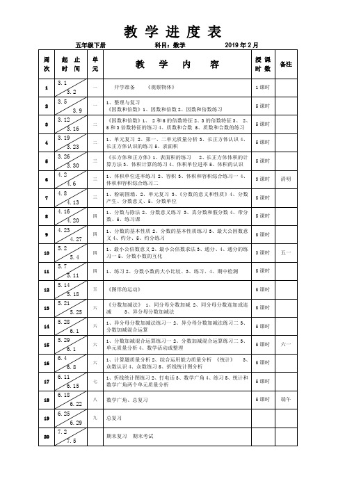 人教版小学五年级数学下册教学进度表