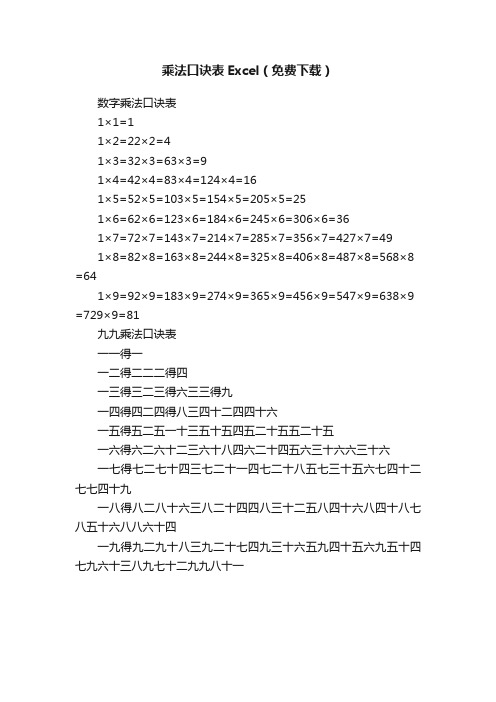 乘法口诀表Excel（免费下载）