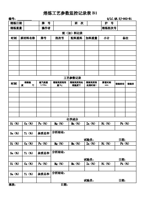 熔炼工艺参数监控记录表B1