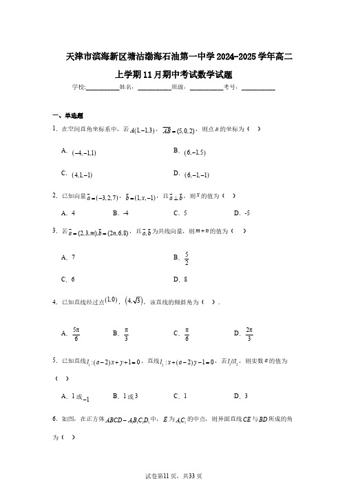 天津市滨海新区塘沽渤海石油第一中学2024-2025学年高二上学期11月期中考试数学试题