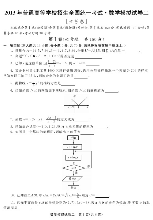 2013江苏高考数学模拟试卷2