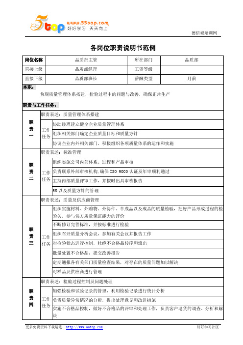 品质部主管岗位职责说明书