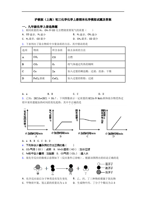 沪教版(上海)初三化学化学初三化学上册期末化学模拟试题及答案