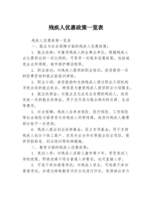 残疾人优惠政策一览表