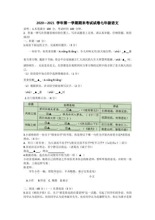 浙江省诸暨市2020—2021学年七年级上学期期末考试语文试题  含答案