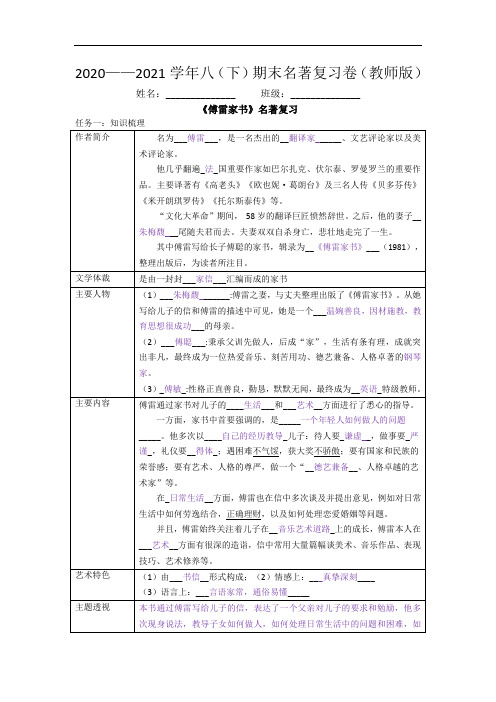 期末名著复习训练  2020—2021学年部编版语文八年级下册  