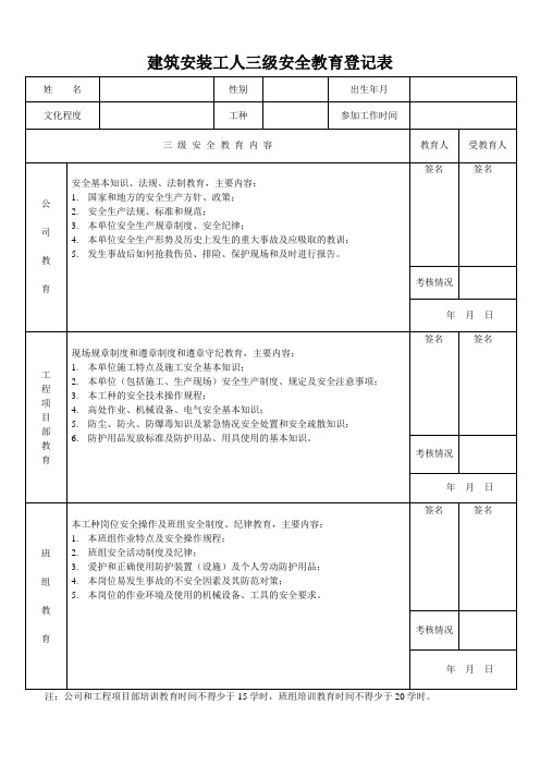 建筑安装工人三级安全教育登记表