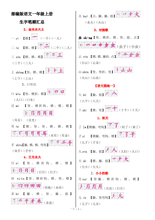 部编版语文一年级上册生字笔顺汇总