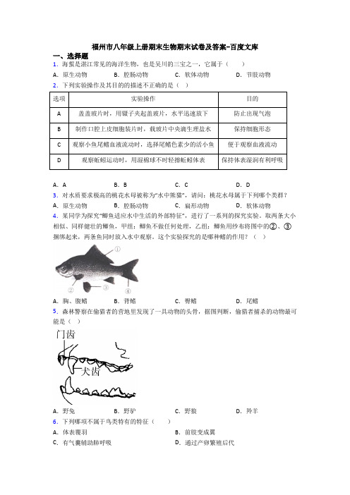 福州市八年级上册期末生物期末试卷及答案-百度文库