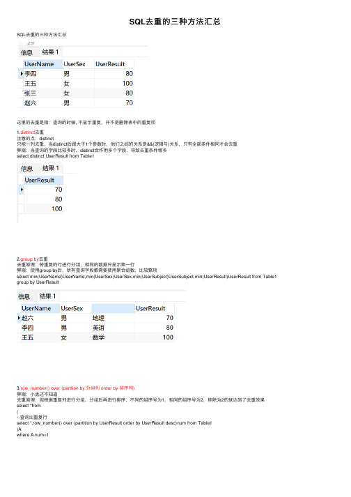 SQL去重的三种方法汇总