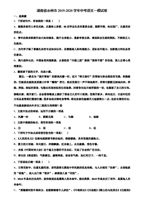 湖南省永州市2019-2020学年中考语文一模试卷含解析