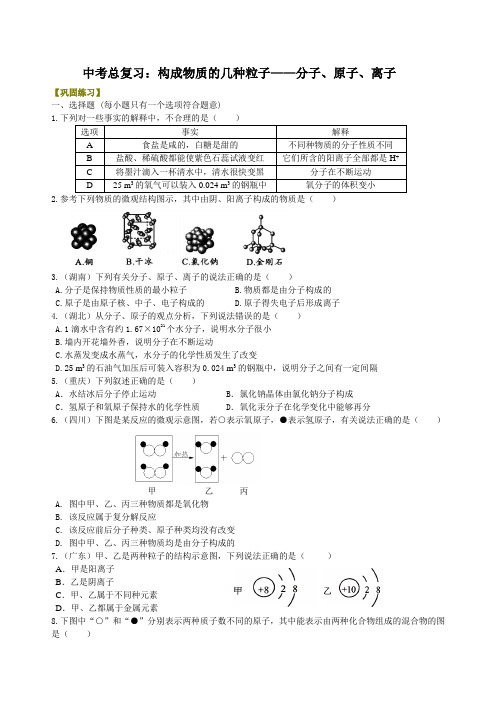 初中化学中考总复习：构成物质的几种粒子——分子、原子、离子 巩固练习含答案