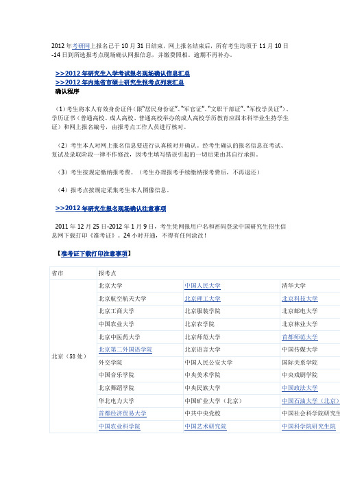 【免费】2012年研究生入学考试报名现场确认信息汇总