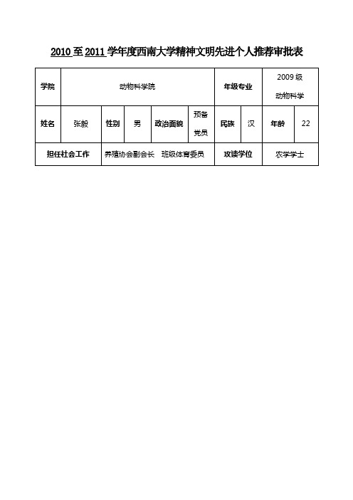 张毅精神文明先进个人推荐审批表1