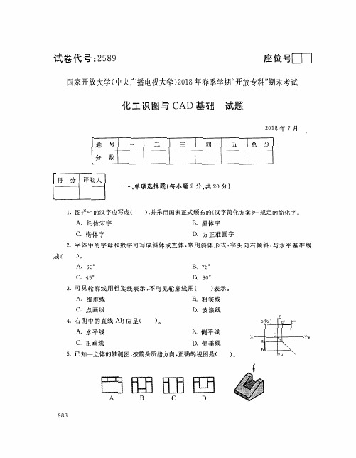 化工识图与CAD基础(2589)8218-大学考试试题(含答案)