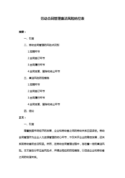 劳动合同管理廉洁风险防控表