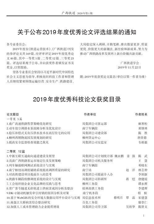 2019年度优秀科技论文获奖目录