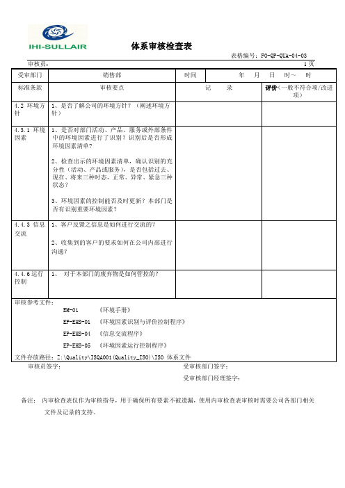 销售部内审检查表