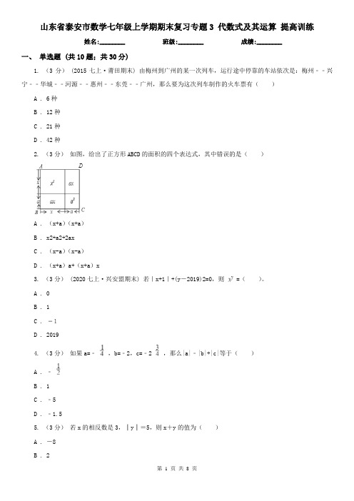 山东省泰安市数学七年级上学期期末复习专题3 代数式及其运算 提高训练