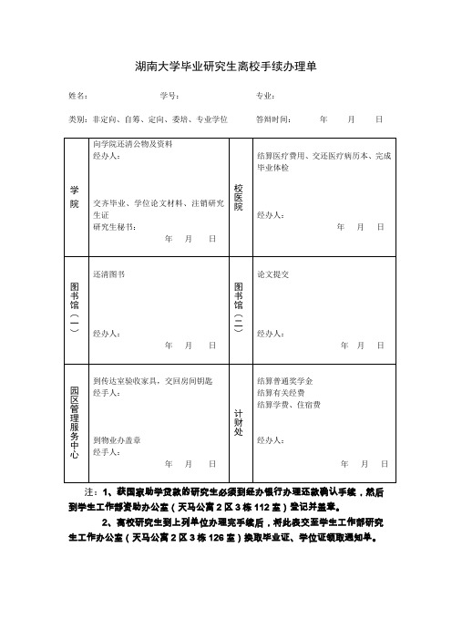 湖南大学毕业研究生离校手续办理单