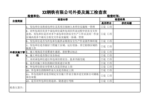 XX钢铁有限公司外委及施工检查表