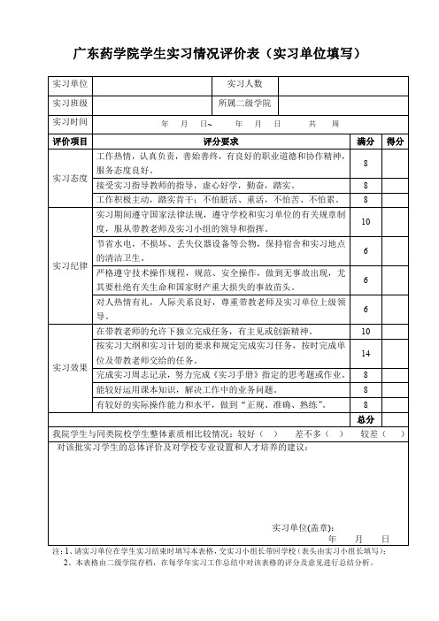 广东药学院学生实习情况评价表(实习单位填写)