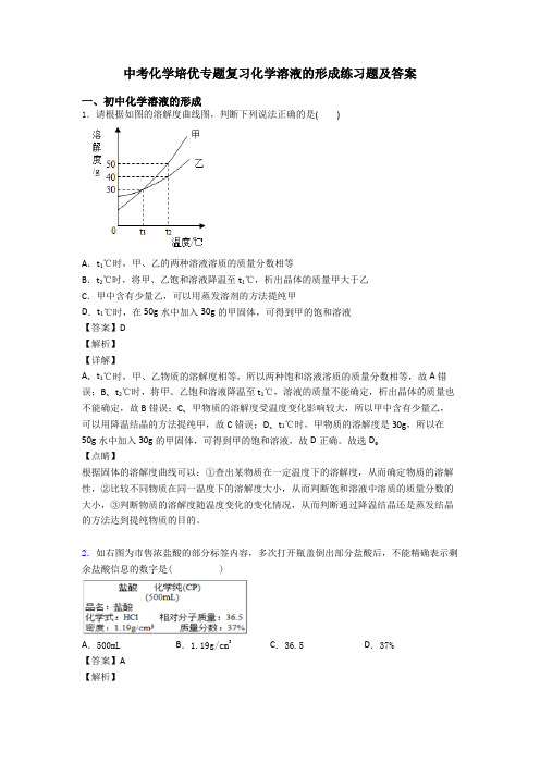 中考化学培优专题复习化学溶液的形成练习题及答案