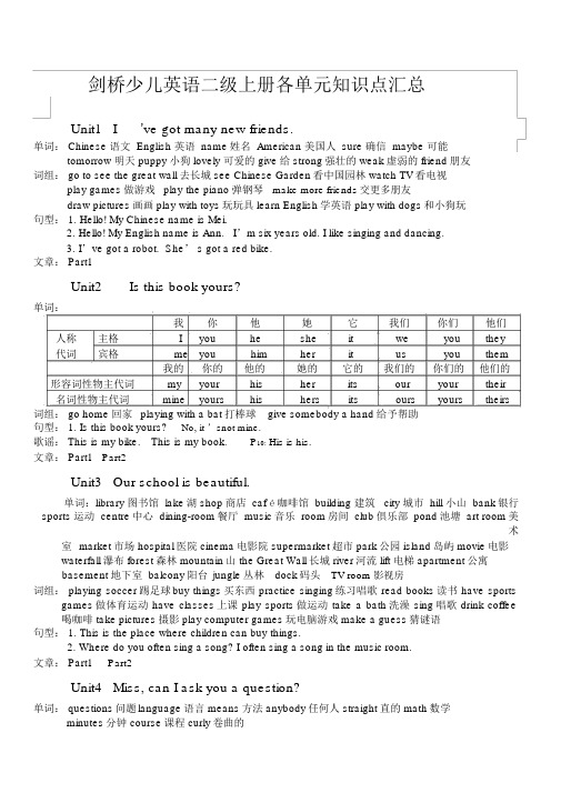 完整版剑桥少儿英语二级上册各单元知识点汇总.doc