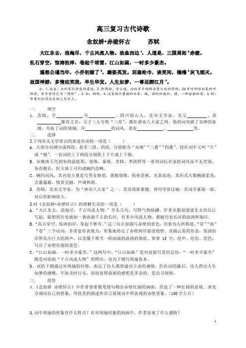 念奴娇赤壁怀古高中语文高三诗歌专题复习练习