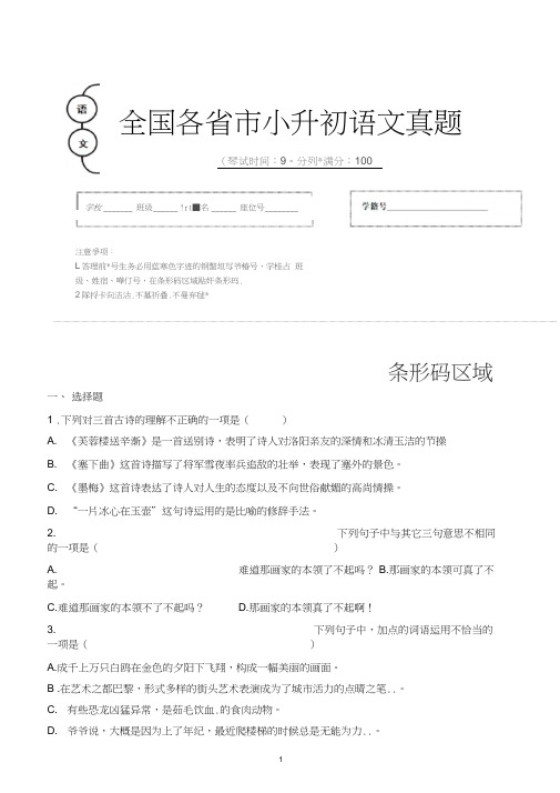 【小升初】2020年河北省石家庄市小升初语文毕业会考试题含答案(全网唯一)