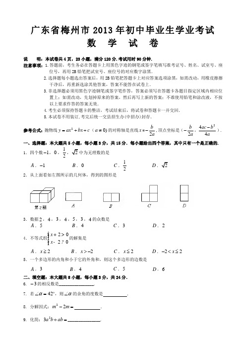 2013年广东省梅州数学中考真题(word版含答案)