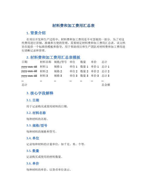 材料费和加工费用汇总表