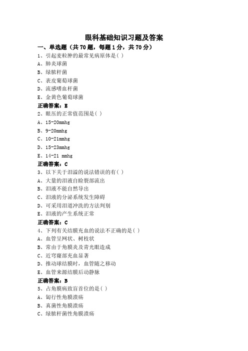 眼科基础知识习题及答案