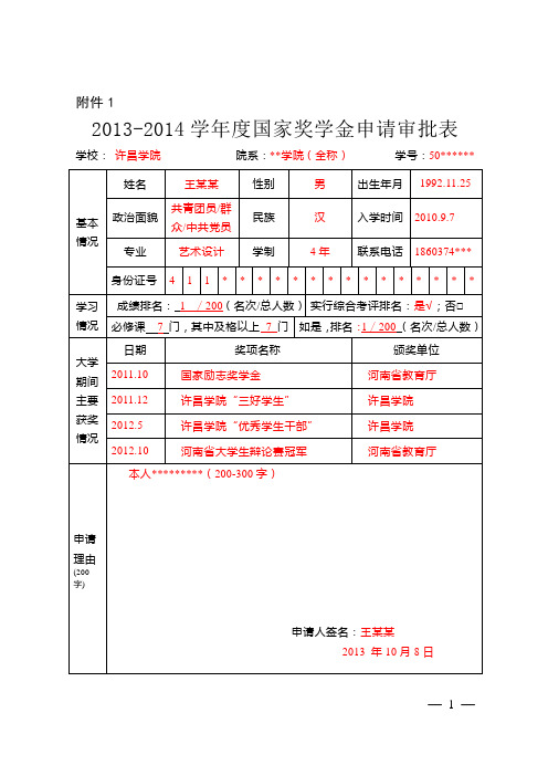 2014年奖学金、励志奖学金申请表模版