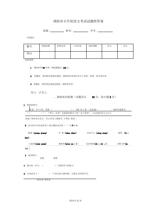 绵阳市小升初语文考试试题附答案