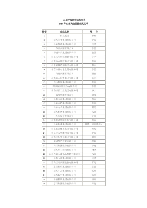 2010年山东民企百强获奖名单