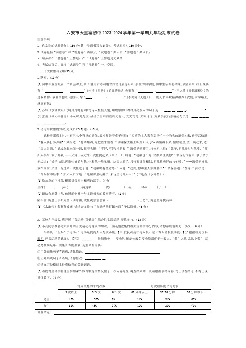 安徽省六安市金寨县天堂寨初级中学2023_2024学年九年级上学期期末考试语文试卷(有答案)