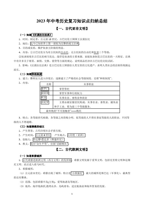 2023年中考历史复习九年级全册知识点归纳总结