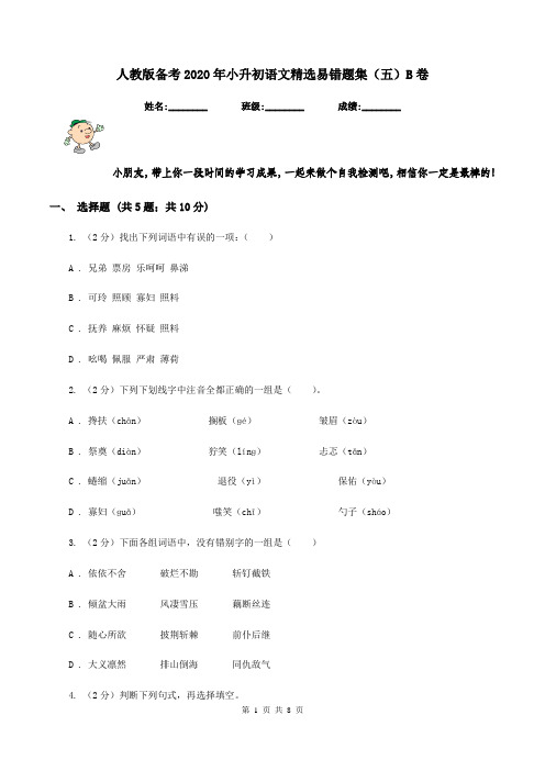 人教版备考2020年小升初语文精选易错题集(五)B卷