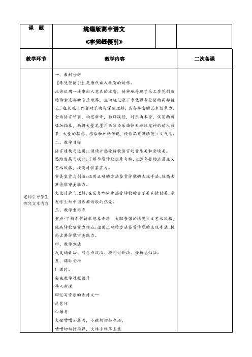 古诗词诵读《李凭箜篌引》教学设计(表格式)2023-2024学年统编版高中语文选择性必修中册.doc