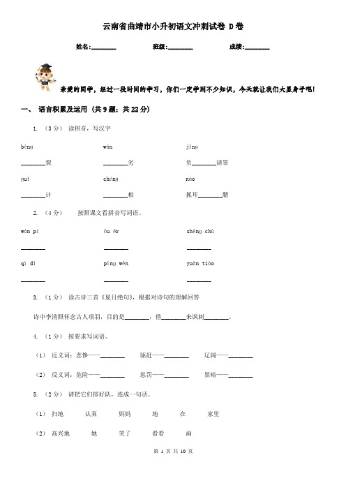 云南省曲靖市小升初语文冲刺试卷 D卷