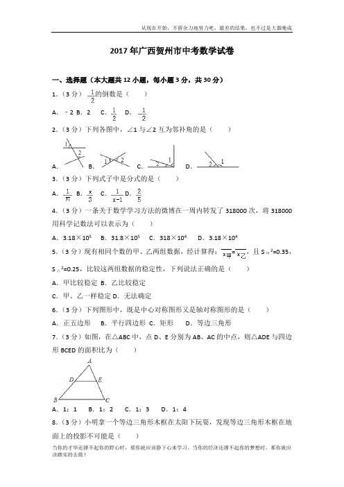 2017年广西贺州市中考数学试卷 (2)