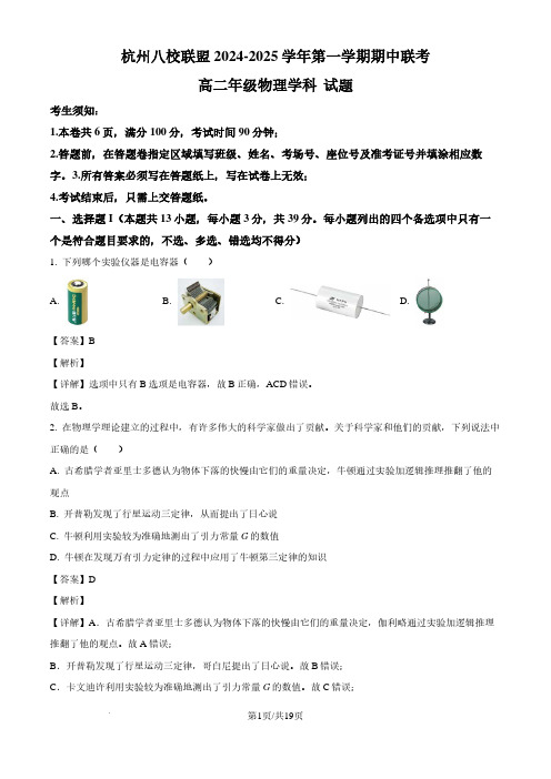 杭州八校联盟2024年高二上学期期中联考物理试题(解析版)